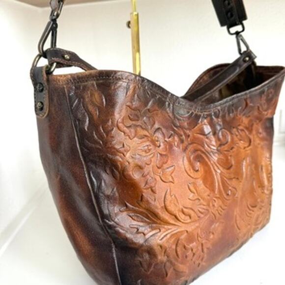 Civico93 Tooled Leather Shoulder Bag Brown Made in Italy Boho Western Tote - Picture 3 of 9
